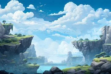 Wall Mural - 2D abstract rocky cliff background environment for adventure or battle mobile game. Cartoon style of rocky cliffside plants in game art background environment.