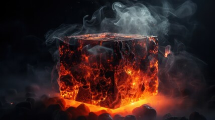 Futuristic glowing cube with smoke and heated lava on dark background created with Generative AI