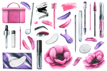 Wall Mural - Set of professional cosmetics and tools for makers of lamination, painting eyelashes and eyebrows. Watercolor illustration, hand drawn. Isolated objects on a white background.