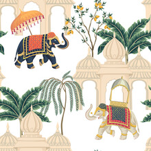 Indian Elephants In The Town Seamless Pattern. Ethnic Wallpaper.