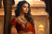 Portrait Of A Beautiful Indian Model In Red Saree And Jewellery In Indian Palace