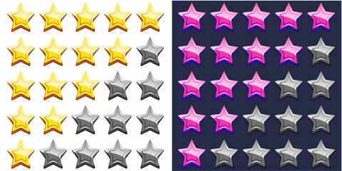 Poster - Rating from stylish stars. Five stars when inactive are grey, and yellow or pink. Star voting.
