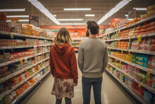 Husband And Wife Shopping In A Grocery Store. A Man And A Woman Family Couple Buying Groceries In A Supermarket.