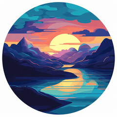 Wall Mural - A breathtaking sunset reflecting on a tranquil lake flat design vector illustration Generative Ai