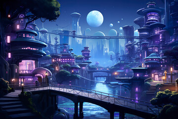 Wall Mural - 2D abstract futuristic city background environment for mobile adventure or battle game. Futuristic cyberpunk city cartoon style in game art background environment.