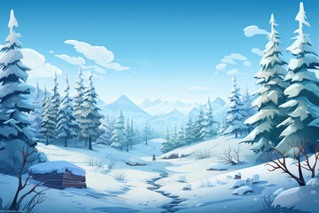 Wall Mural - Abstract 2D snowy pine forest background environment for adventure or battle mobile game. Snowy forest cartoon style in game art background environment.