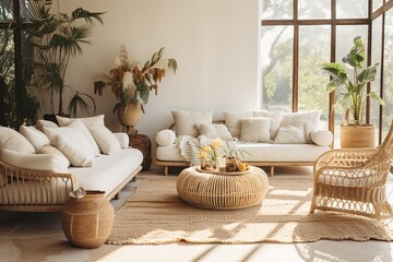 A bohemian style living room has been transformed with fresh furniture, textiles, and decorations. A rattan chair, adorned with a cozy white plaid and an open magazine, invites you to unwind and relax