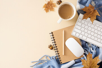 Wall Mural - Autumnal home workspace. Top view shot of warm coffee, pen, notepad, keyboard, computer mouse, patchy blanket, acorns, autumn leaves on pastel beige background with empty space for promo or text