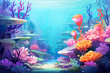 Wall Mural - 2D abstract underwater coral reef background environment for adventure or battle mobile game. Tropical coral reef cartoon style in game art background environment.