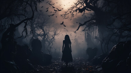 Wall Mural - Girl walks alone in scary haunted forest with bats at Halloween night