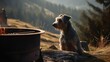 © Irina - A dog on vacation. Purebred travel dog pet sitting next to the fire and waiting for food for lunch. Camping in the nature. Mountain forest view.