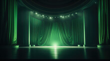 Empty Show Stage, Green Curtains With Copy Space. 3d Render Illustration Style.