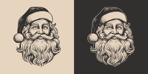 Vintage retro xmas merry christmas new year santa claus character. Monochrome Graphic Art. Vector. Hand drawn element engraving