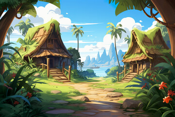 Wall Mural - 2D abstract tranquil village background environment for mobile adventure or battle game. Small calm village cartoon style in game art background environment.
