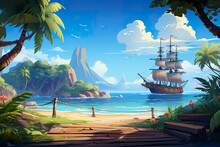 Background Environment Of 2D Abstract Tropical Pirate Ship Deck For Adventure Or Battle Mobile Game. Tropical Pirate Ship Deck Cartoon Style In Game Art Background Environment.