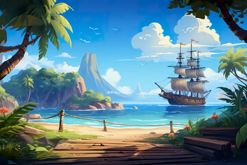 Wall Mural - Background environment of 2D abstract tropical pirate ship deck for adventure or battle mobile game. Tropical pirate ship deck cartoon style in game art background environment.
