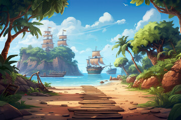 Wall Mural - Background environment of 2D abstract tropical pirate ship deck for adventure or battle mobile game. Tropical pirate ship deck cartoon style in game art background environment.