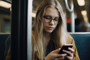 Wall Mural - Young woman using mobile phone in a train