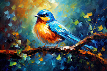 Blue Orange Bird Sitting on Spring Branch Acrylic Painting. Canvas Texture, Brush Strokes.