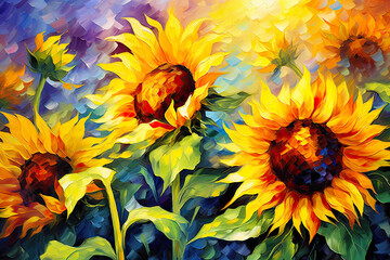 Yellow SunFlowers Brush Strokes Acrylic Painting. Canvas Texture.