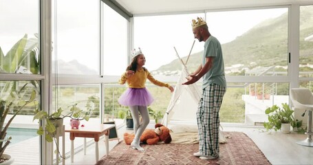 Canvas Print - Fantasy, dance and a dad with his daughter for fun while playing together as king and princess in their home. Love, family or kids with a father and happy young female child bonding in a house