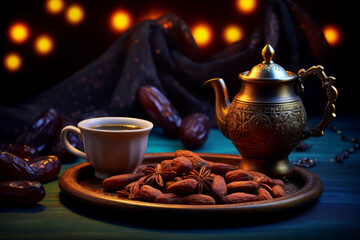 Arabic coffee and dates, Dallah with crescent moon, Ramadan background