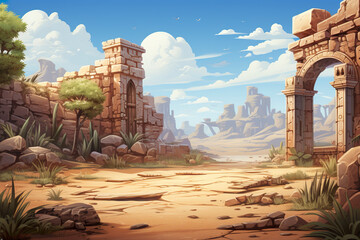 Wall Mural - Abstract 2D desert ancient ruins background environment for adventure or battle mobile game. Cartoon style of ancient desert ruins in game art background environment.