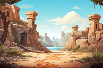 Wall Mural - Abstract 2D desert ancient ruins background environment for adventure or battle mobile game. Cartoon style of ancient desert ruins in game art background environment.