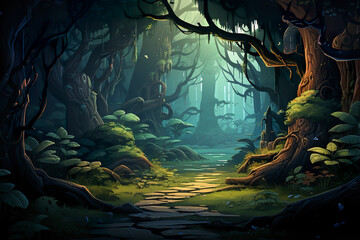 Wall Mural - Abstract 2D ancient redwood grove background environment for adventure or battle mobile game. Old woods cartoon style in game art background environment.