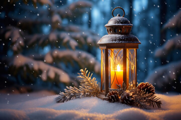 christmas lantern on snow with fir branch in evening scene