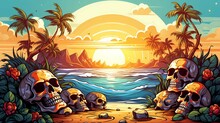 Skull By The Beach At Sunset