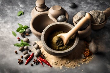 Wall Mural - Stone mortar with a pestle for crushing of spices. It is isolated on a white background