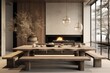© 2rogan - A modern home concept is beautifully portrayed in this elegant dining room interior design, featuring a wooden family table, a bench, and exquisite home decorations and accessories. The composition