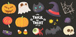 Set de ilustraciones dibujadas a mano para Halloween a color. Vector 