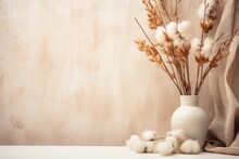 Minimalistic Home Decor Background Featuring Elegant Mockup Adorned With Beige Autumnal Dried Flowers, Evoking A Cozy Autumn Atmosphere.