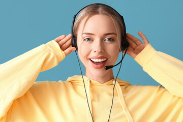 Poster - Female technical support agent on blue background