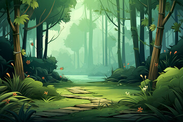 Wall Mural - 2D abstract bamboo forest background environment for mobile adventure or battle game. Bamboo grove cartoon style in game art background environment.