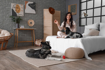 Wall Mural - Young woman with cute dogs in bedroom