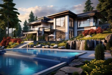 Wall Mural - During the summer season in North America, there are luxurious houses with beautiful landscapes located in suburban areas.