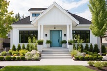 Contemporary Cottage Style Home With White Siding And A Turquoise Entrance Door Available For Purchase In The Suburban Area