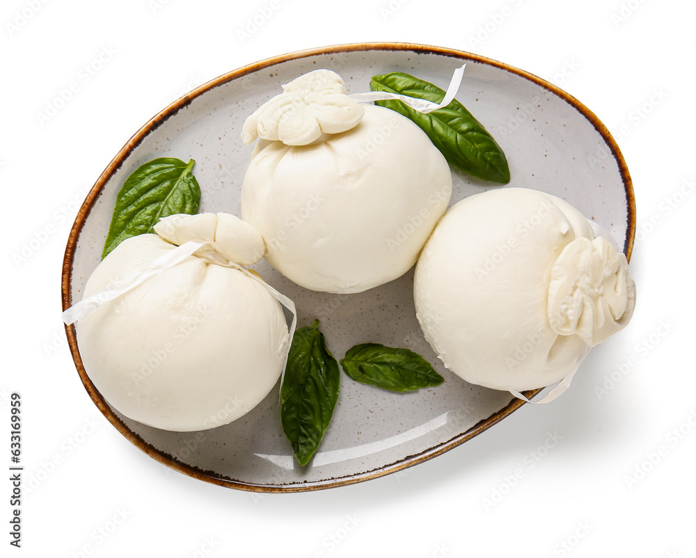 Plate of tasty Burrata cheese with basil on white background