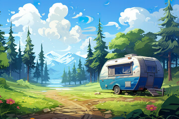 Wall Mural - Background environment of a caravan route with an abstract 2D recreational vehicle for a mobile adventure game. Caravan route cartoon style with trailer car in game art background environment.