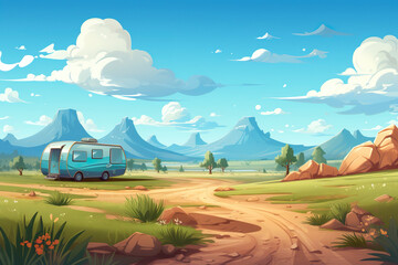 Wall Mural - Background environment of a caravan route with an abstract 2D recreational vehicle for a mobile adventure game. Caravan route cartoon style with trailer car in game art background environment.