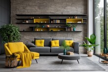 The Living Room Features A Decorative Wall Made Of Grey Stone, Creating A Tasteful And Visually Appealing Home Interior. Adding A Vibrant Touch, A Yellow Sofa Chair And A Bookshelf Complement The