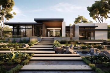 The front view or exterior of a recently constructed contemporary Australian inspired residence featuring a spacious garden area.