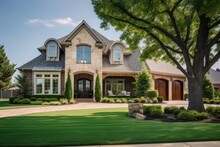 The Panorama Reveals A Well Established Neighborhood In Flower Mound, Texas, Characterized By The Presence Of Matured Trees And Two Story Houses. These Upscale Homes Are Situated Alongside Parks In