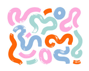 Leinwandbilder - Bold curved colorful lines and circles isolated on white background. Brush drawn wavy bold lines with circles. Abstract curved strokes. Vector multi colored elements. Simple squiggle smears.