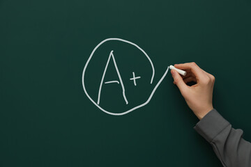 Wall Mural - School grade. Teacher encircling letter A and plus symbol with chalk on green chalkboard