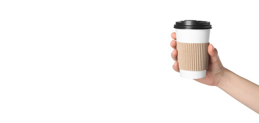 Wall Mural - To-go drink. Woman holding paper coffee cup on white background. Banner design