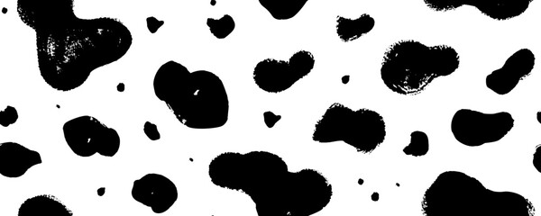 Poster - Dalmatian or cow animal fur seamless pattern. Simple irregular vector design. Brush drawn black blobs, spots and dots. Seamless fur texture. Horizontal dalmatian background. Grunge abstract pattern.
